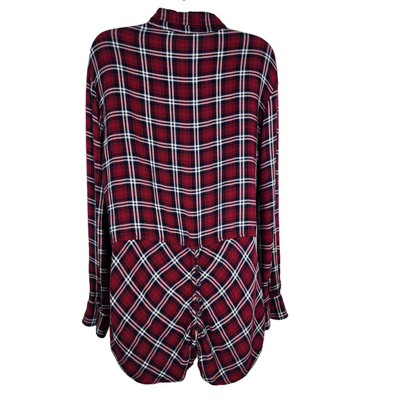 Beach Lunch Lounge Shirt Large Red Plaid Button Up Flannel Rayon Button Back - Picture 2 of 9